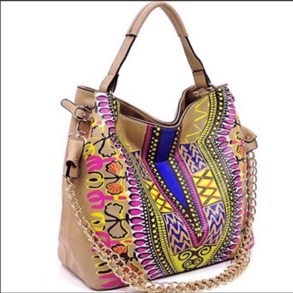 Bohemian satchel tan tribal print shoulder strap with chain zip top - Picture 5 of 9